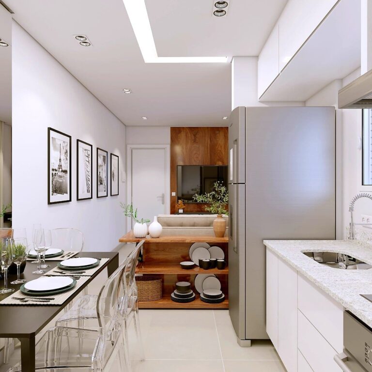 Cozinha e vista da sala